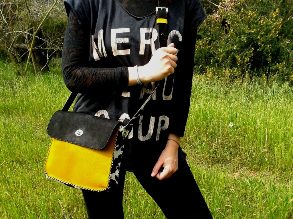 Handmade leather bag / Cross body messenger with hairy cow leather