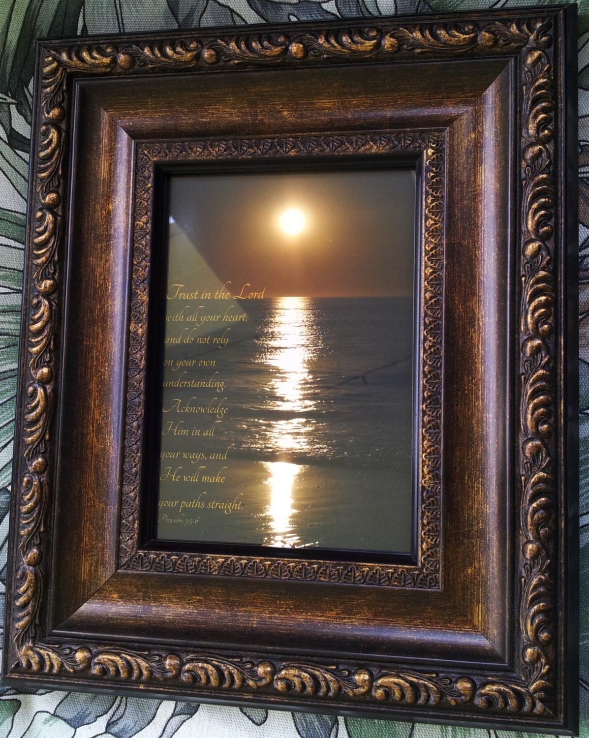 Trust the Lord - Cape Cod sunrise in Goth picture frame  Proverbs 3:5-6 - 5x7 pic in a gothic frame