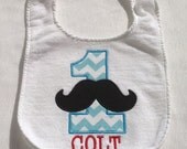 Personalized Applique Mustache Number 1st Birthday Chevron Bib