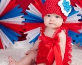 Baby Hat, 0 to 3 Month Baby Girl Flapper Beanie Baby Hat - Fourth of July Red, White, Blue Crochet Flower Photography Prop Baby Hat