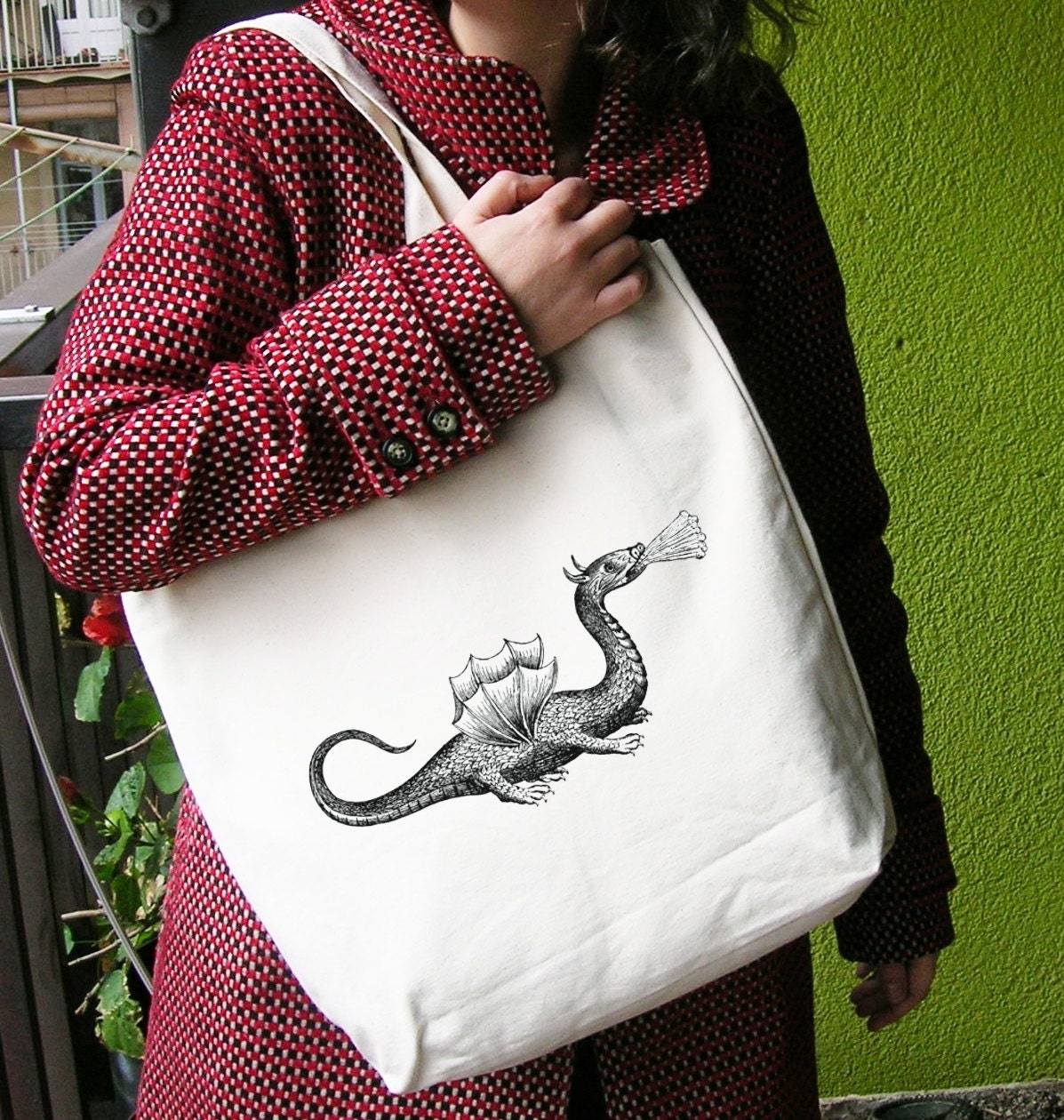 Shopper Grocery Diaper Books Tote Bag 100% Cotton Natural Color with vintage dragon print