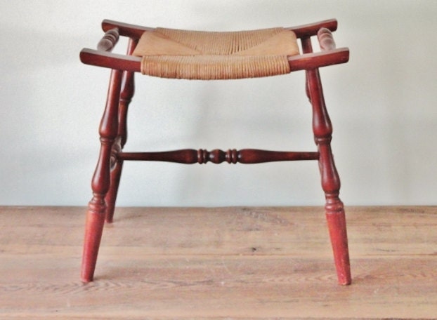 Vintage Wood and Rattan Stool, Bench, Seating, Furniture