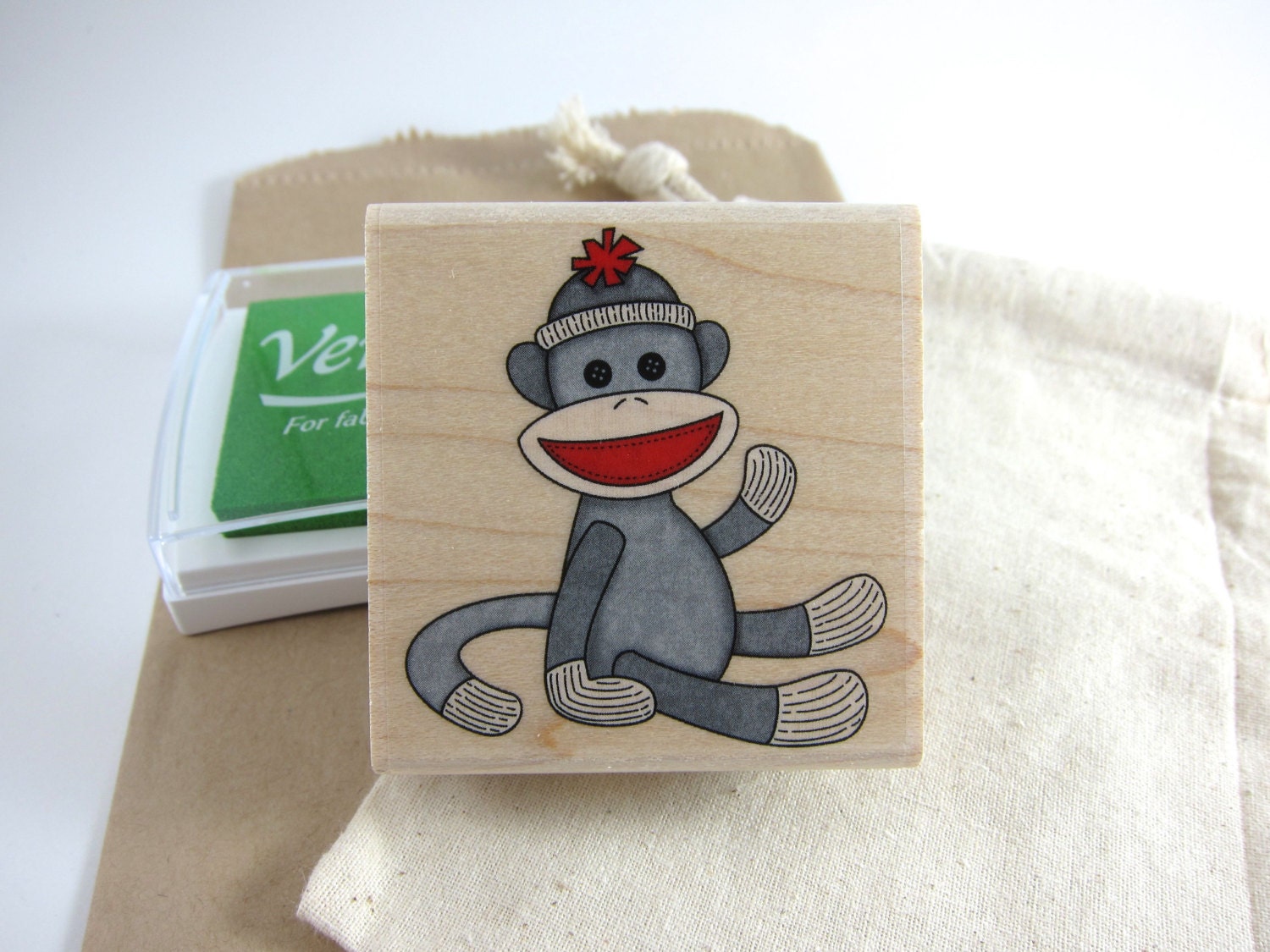 Sock Monkey Rubber Stamp - Wood Mounted Rubber Stamp