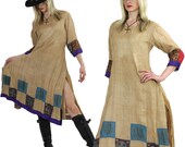 Vintage 80 dress color block silk ethnic tribal applique gypsy boho hippie chic UB408