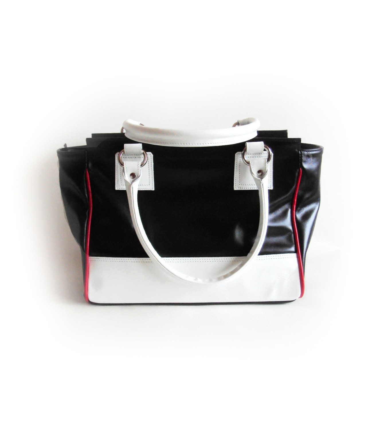Blue Leather Tote Bag, Nautical Handbag, Shoulder Bag, Marine Leather Satchel, Blue, White, Red