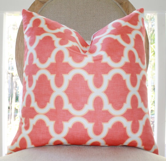 Coral Quatrefoil Pillow - Coral and Orange Quatrefoil Geometric Trellis Designer Cover -Decorative  Throw Pillow