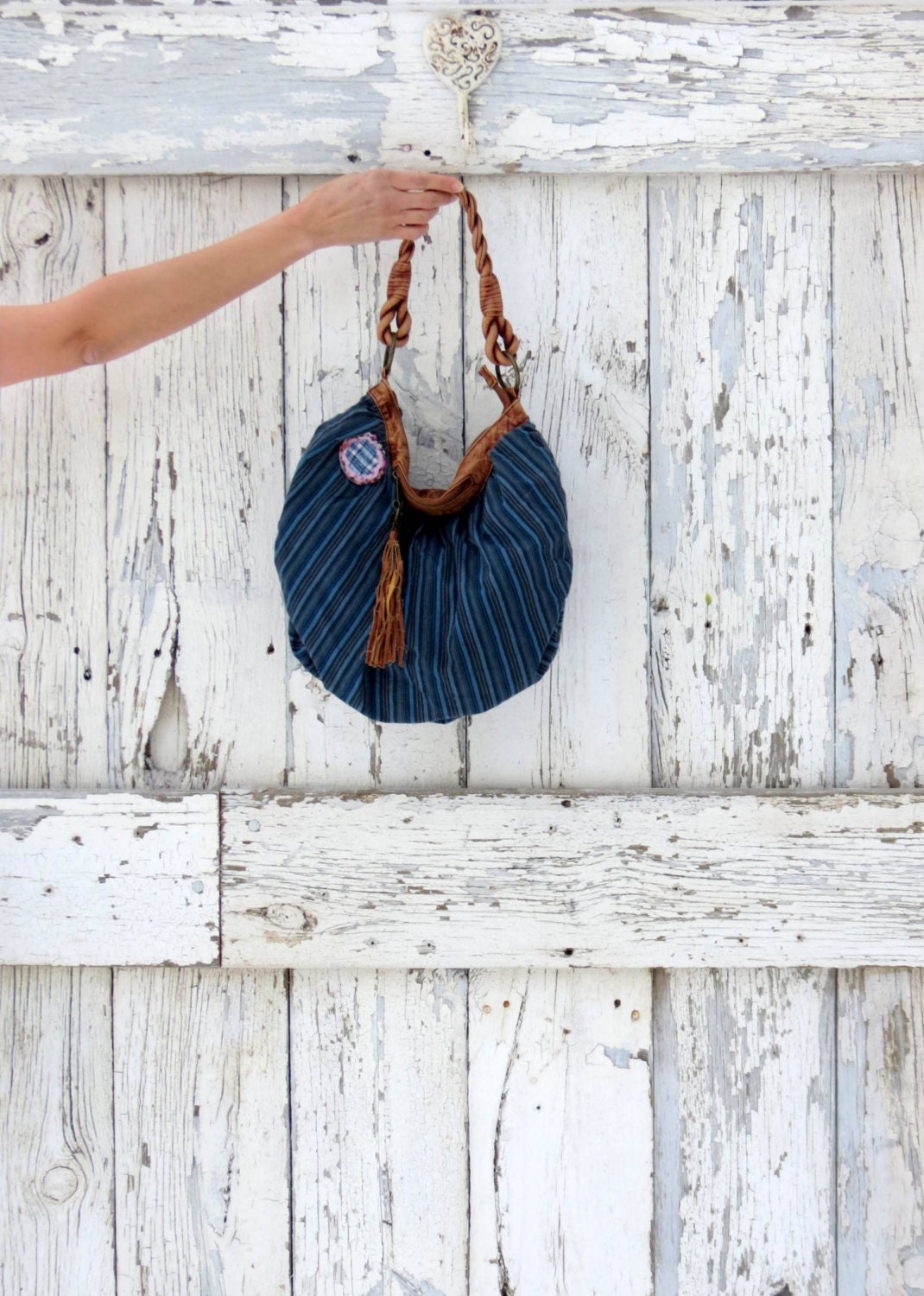 Funky Fringed Boho Bag upcycled hobo purse blue blossom brown hippie student graduation birthday gift