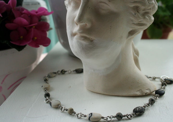 Gemstone and Silver Filled Necklace and Earrings Set, Dalmation Jasper Stones, Handmade Chain and Clasp