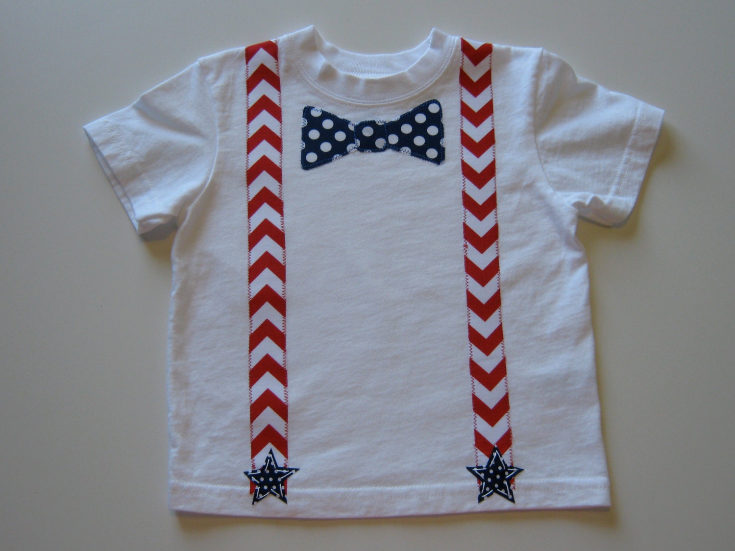 Boys Appliquéd Patriotic Suspenders and Bow Tie T-Shirt or Onesie Chevron Dots with Hand Stitch Details Red White Blue Navy