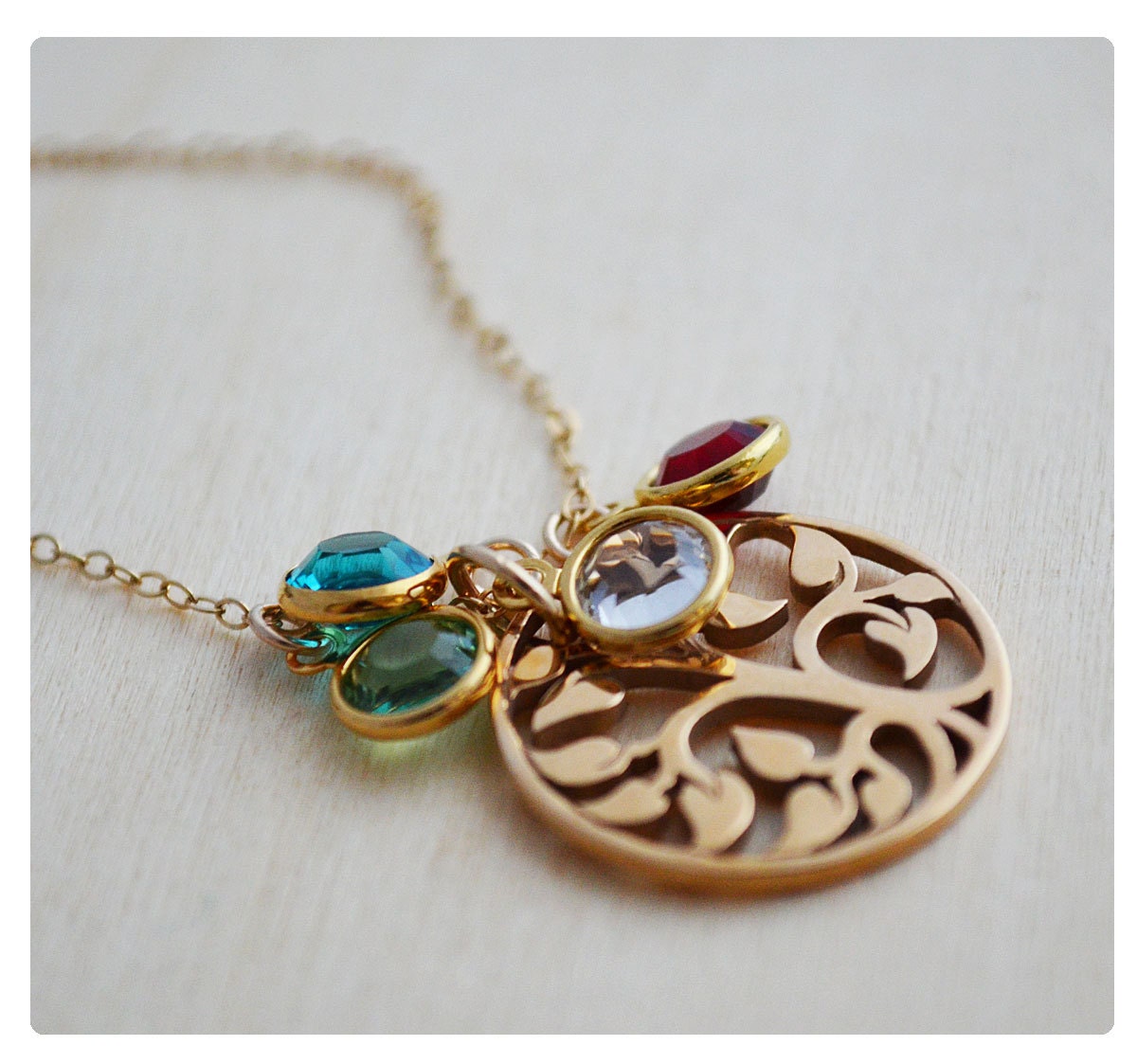 Family Tree Necklace - Charm Birthstone Necklace - Mommy Necklace - Four Grandchildren