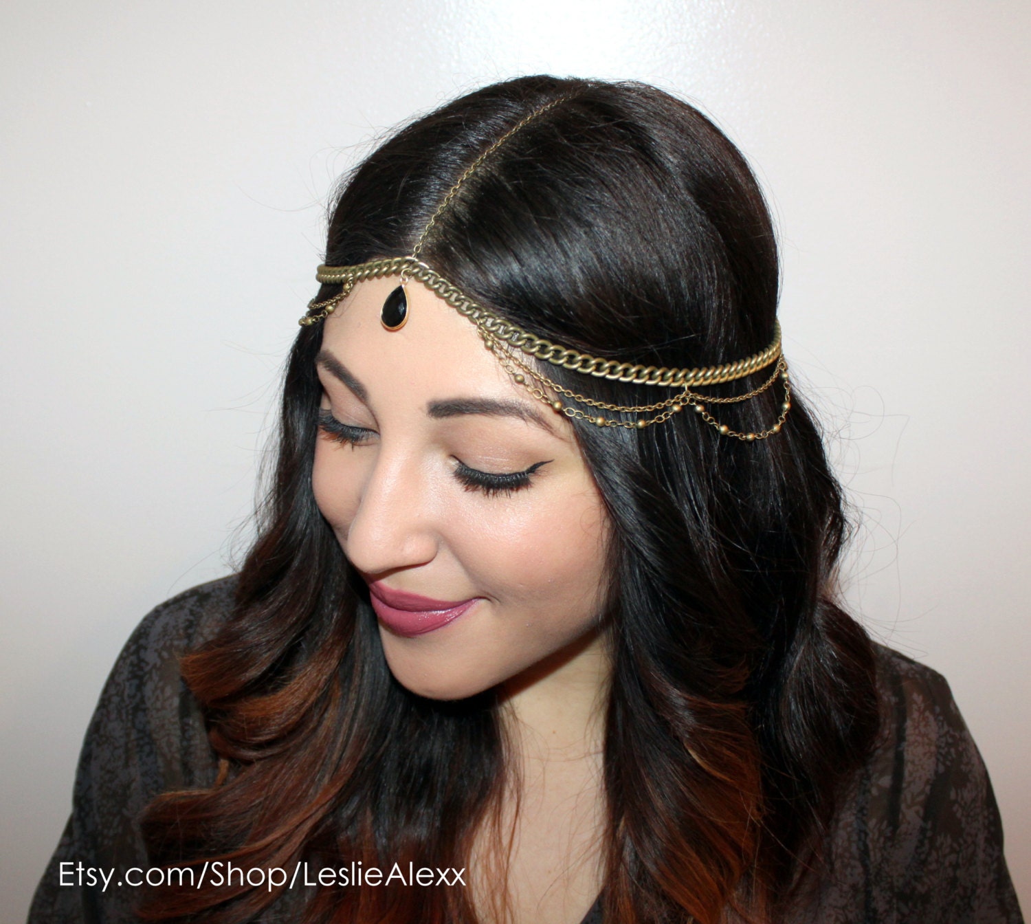 ONYX or Smoky quartz beaded chain headpiece