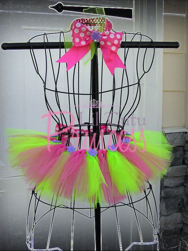 Evie - Hot Pink and Neon Green Tutu with Purple Flowers - Tutu Skirt - Available in Infant, Toddler, Girls, Teenager and Adult Sizes