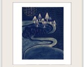 Night Stream , Original digital illustration print , mixed media watercolor collage