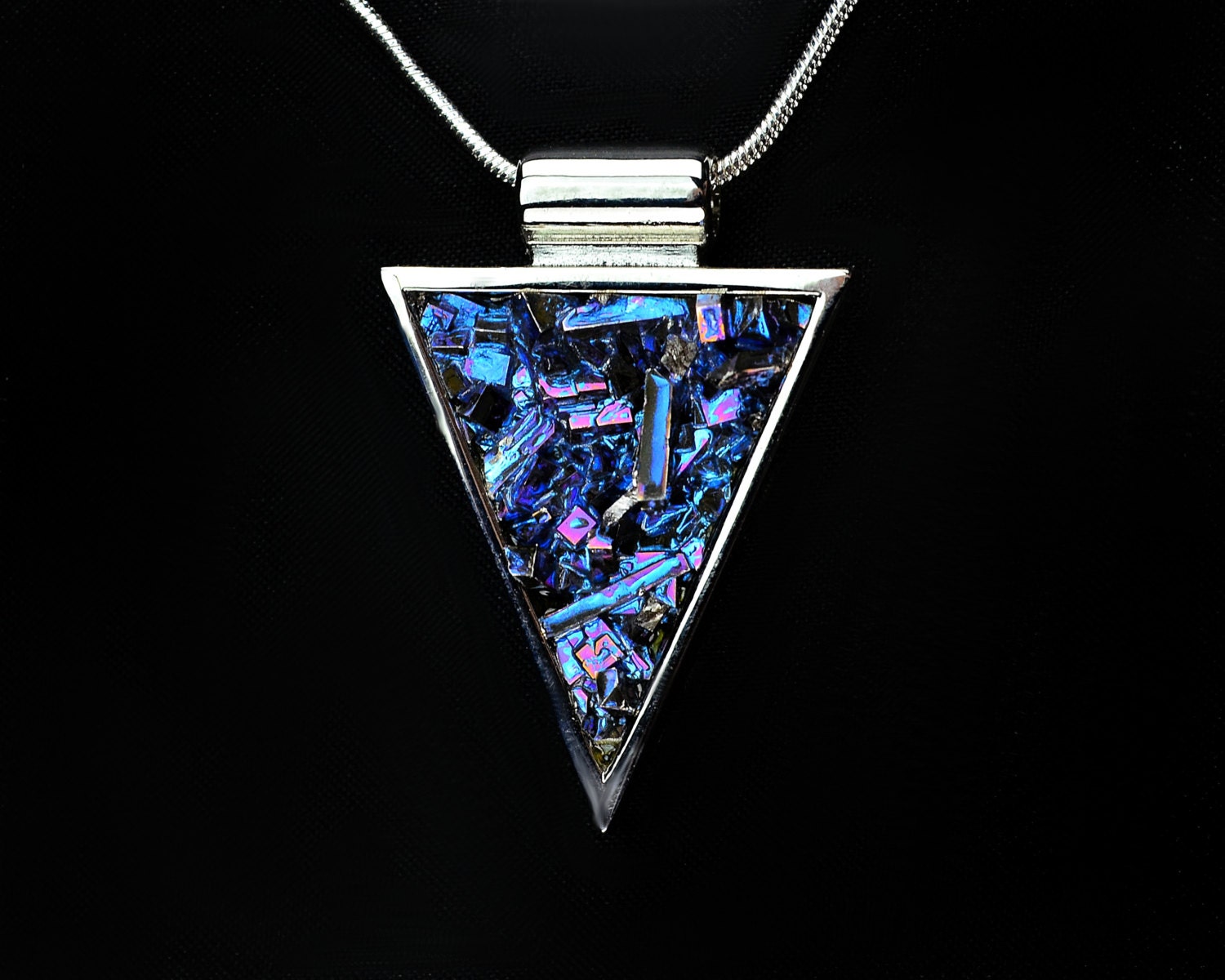Purple Point, Iridescent Bismuth Metal Crystal Pendant on a Silver Plated Necklace, Fractal, Jewelry