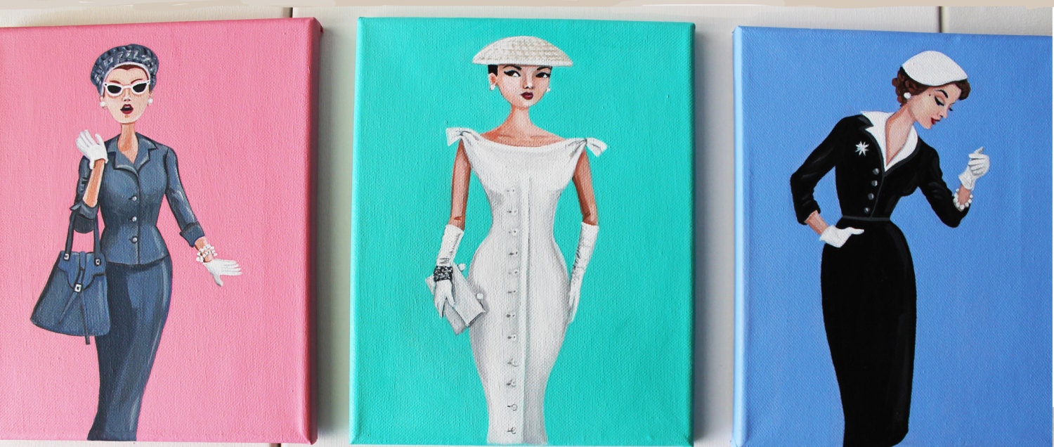 Vintage fashion, three original paintings of 1950's women in pencil skirts.