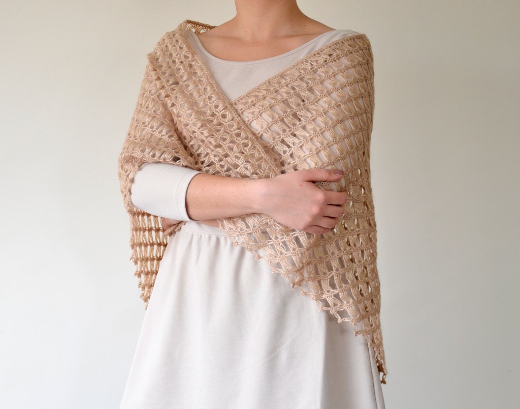 Handmade Beige, Broomstick Lace Crochet, Triangle Shawl