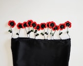 Red Poppies on the Tube Shaped Black Scarf, Crochet Red Poppies