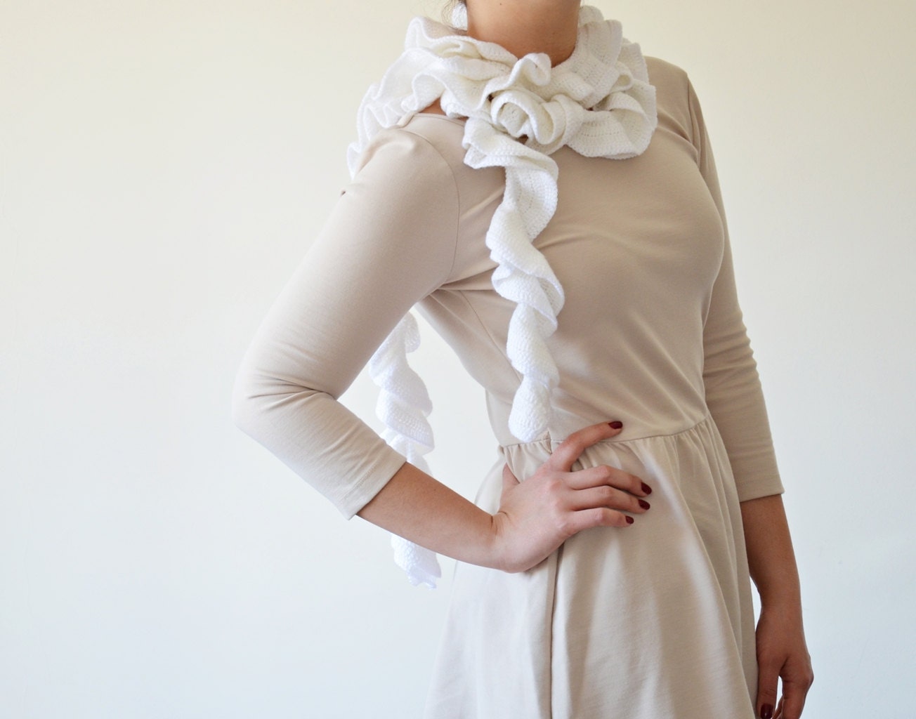 White Ruffle Scarf, Crochet Scarf,  Spring Accessory, Wedding Accessory