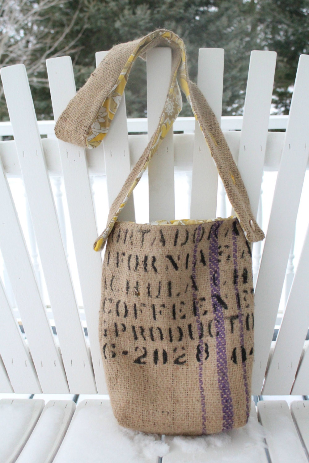 burlap coffee bag tote with adjustable strap fully lined with yellow vintage bold print fabric