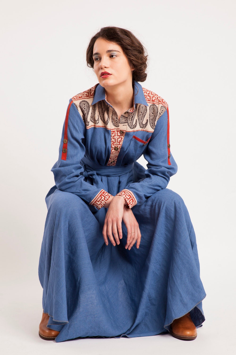Oversize Maxi dress with Voluminous bottom, Shirt dress with Indain printed cotton, Plus size-XXL dress, Maternity dress, Linen maxi dress