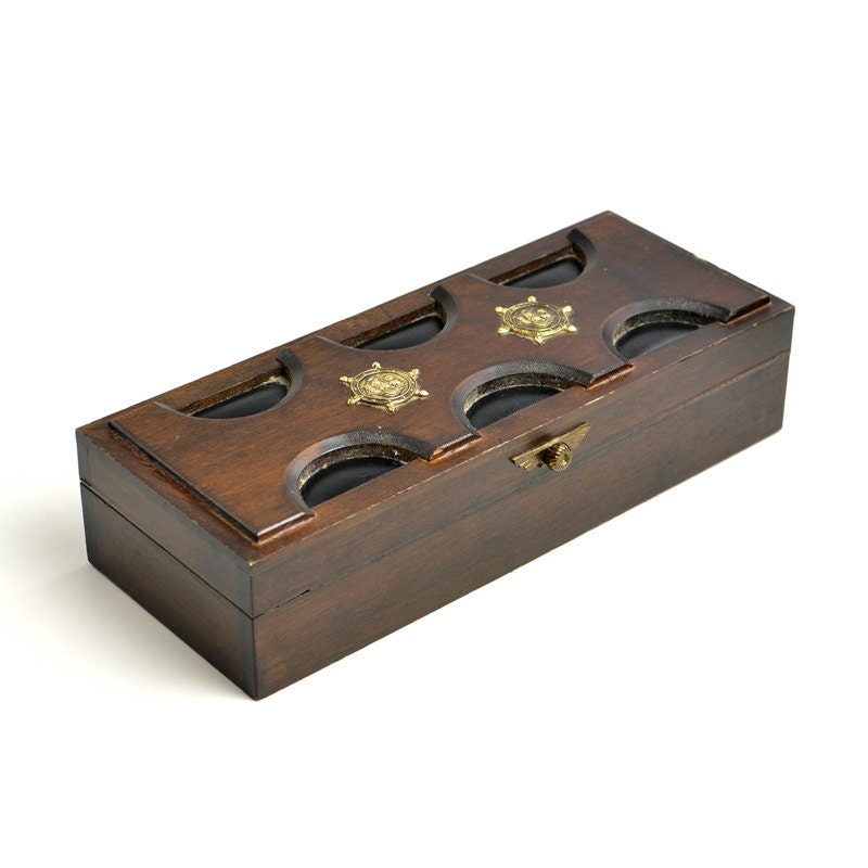 Nautical Men's Valet Jewelry Box - Dark Wood, Ship Wheel Details, Mustard Interior by Price Imports, Made in Japan - Vintage Home Decor