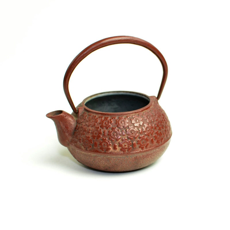 Cast Iron Teapot - Chinese Cherry Blossom Design, Glazed Interior - Small Size Without Lid - Vintage Home Decor or Upcycle Repurpose
