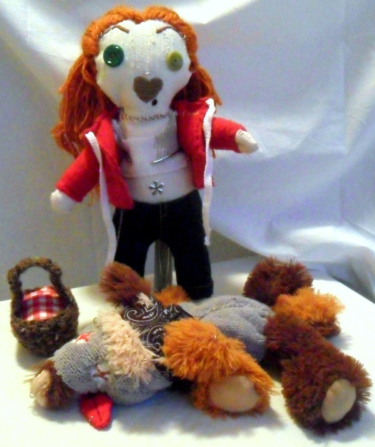 Fabric Art Dolls- Red Riding Hoodlum and The Big Dead Wolf Fractured Fairy Tale Art Doll Set with Free Shipping