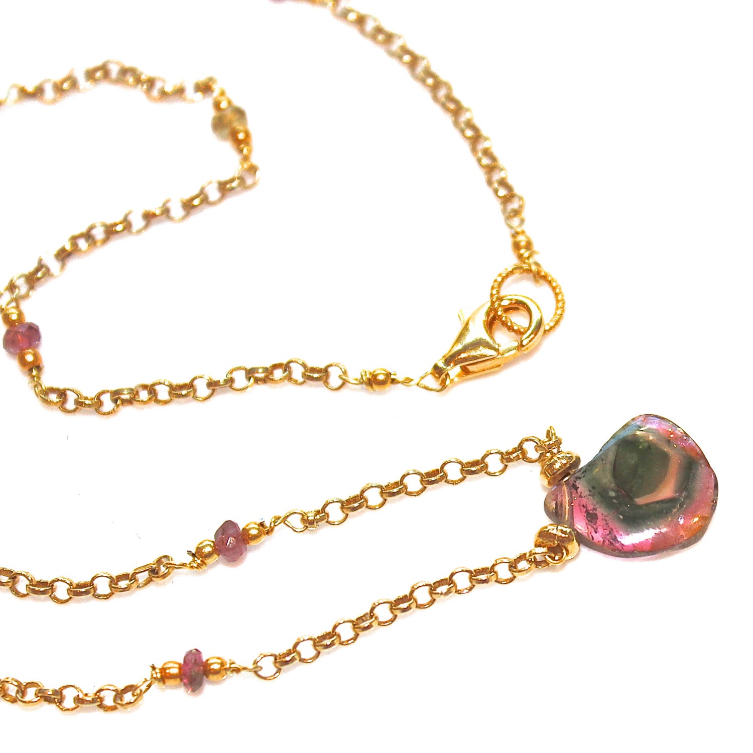 Watermelon Tourmaline Slice Necklace Gold Vermeil Bali 17 1/2" Necklace