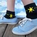 a "Tribal Summer" Hand Painted Black Socks for Bigger Feet: Yellow Geometric Sun & Trim (kid lg/xl - women's xs/small) Girls/Women, Boys/Men