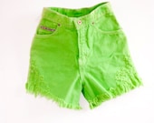 High Waist Denim Shorts - Neon Green - Frayed / Distressed Reworked Vintage 80's Jean shorts - Hollywood