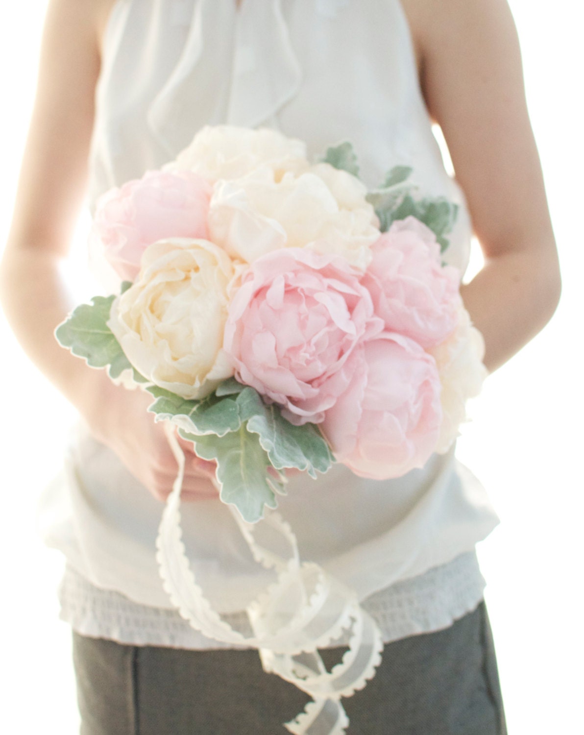 Up cycled handmade fabric flower Peony bouquet, light pink peony, pastel peach peony, wedding bouquet,