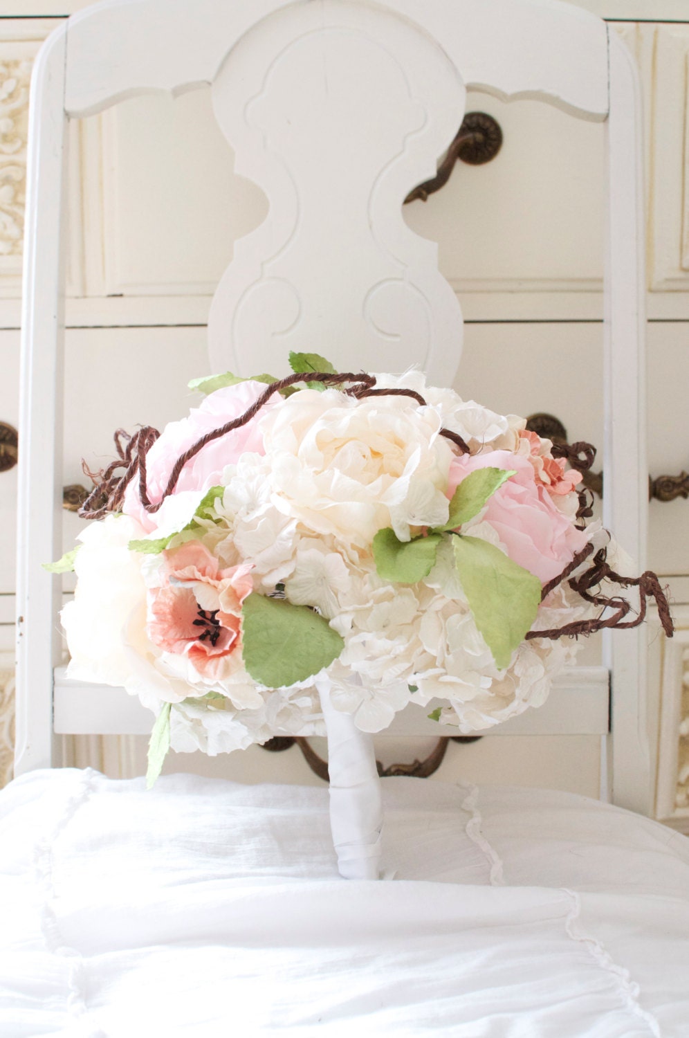 Elegant garden bouquet, white paper hydrangea, light pink peony, creamy peony, apricot anemone, vine wire and greens wedding bouquet,