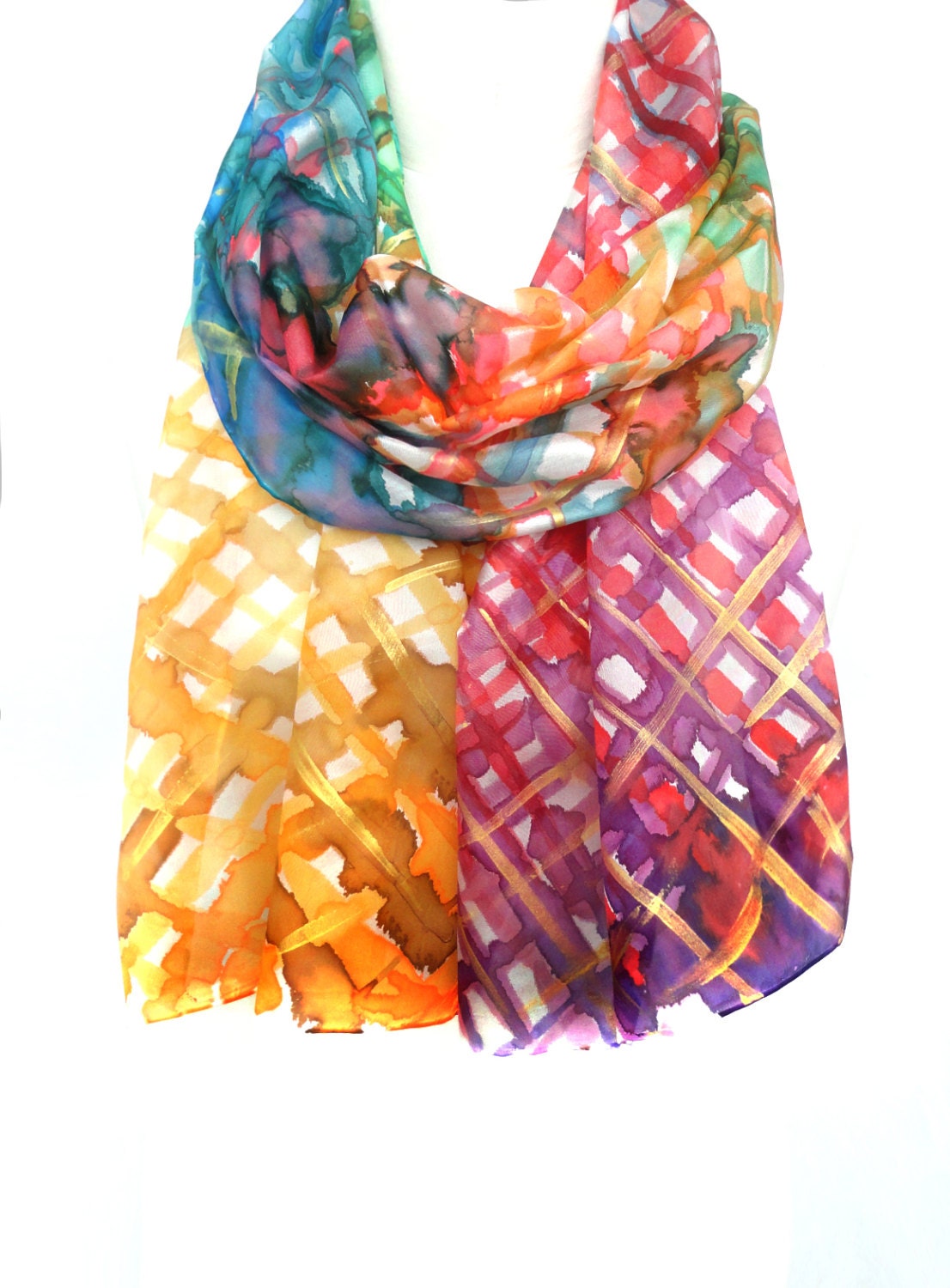 Multicolour Silk Scarf. Hand Painted Shawl. Gift for Her. Checks Fashion. Shawl for Dress. Colorful Dream. 14x71in. (35x180cm). Ready2Ship.