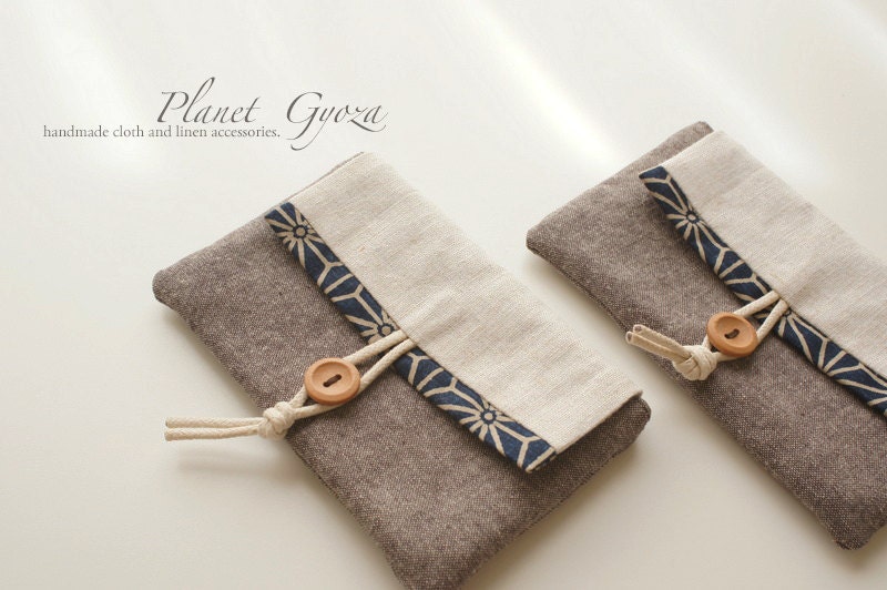 Set of 2, Iphone / Android cell phone Pouch / Case(4s, 4, 3Gs) - button hook, deep blue, Linen / Cotton