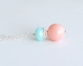 Pink and Mint Necklace - Solid Sterling Silver Swarovski Necklace, Pink Coral - Mint and Pink Bridesmaid Jewelry