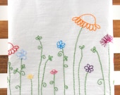Flower Kitchen Towel - Hand Embroidered Towel - Flour Sack Towel