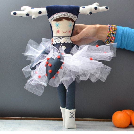 Navy Blue Doll, Deer Girl, Soft Doll, Ballerina Doll, Handmade Doll, Stuffed Toy, Heart