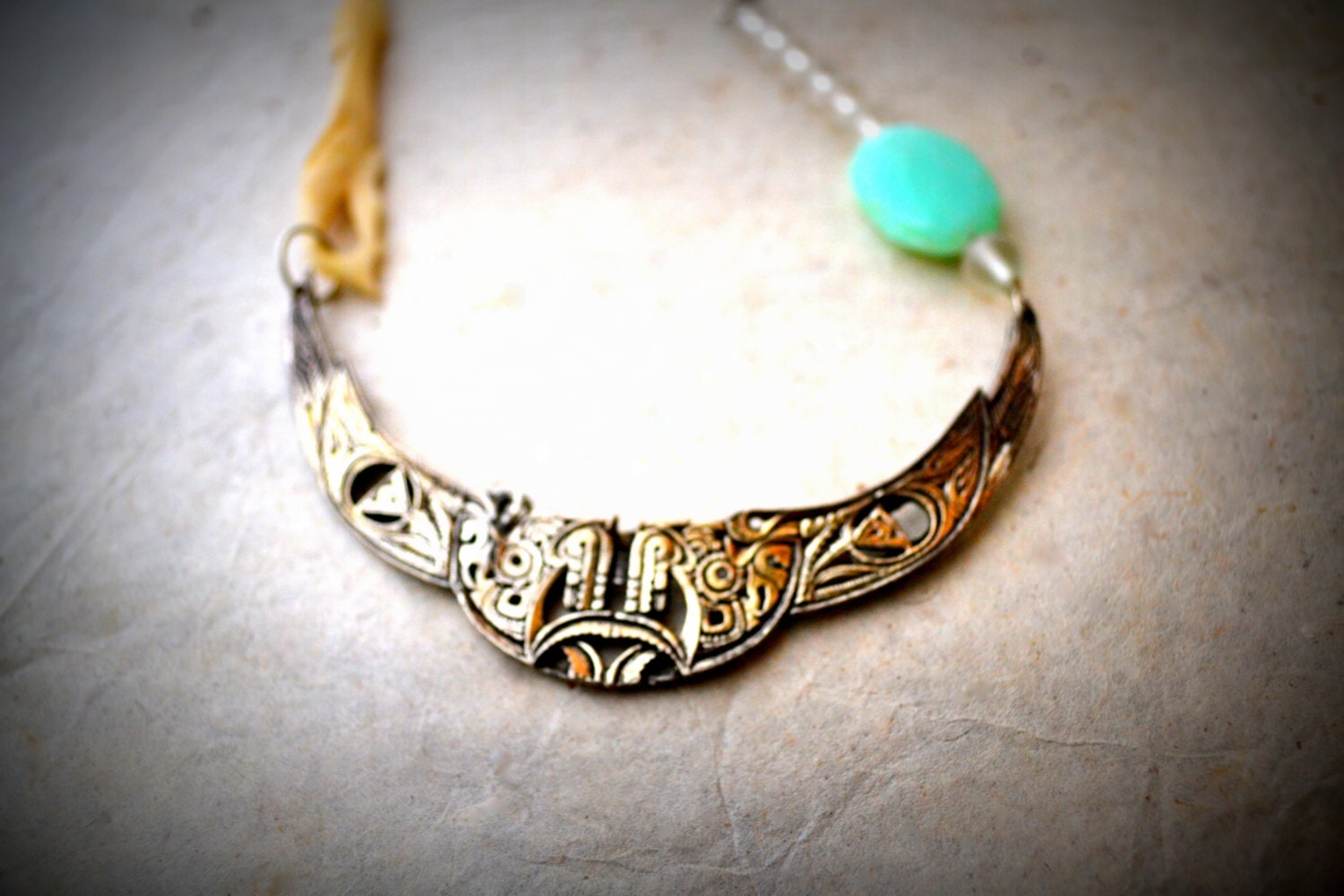 Silver Recycled Art Deco Bib Necklace with Mermaid and Aqua Stone