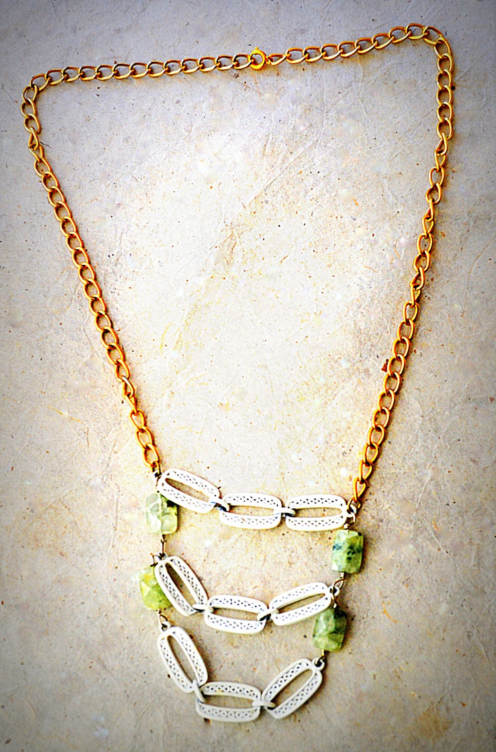 Recycled White and Light Green Quartz Beads Bib Necklace with Brass Chain
