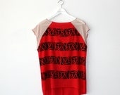 Handprinted Blouse, Women's Blouse, Shatter Print, Raglan Sleeve Ladies T-shirt, Red and Black Top