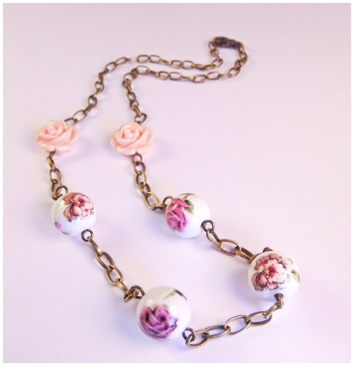 vintage rose necklace, antique copper chain with rose and flower beads.