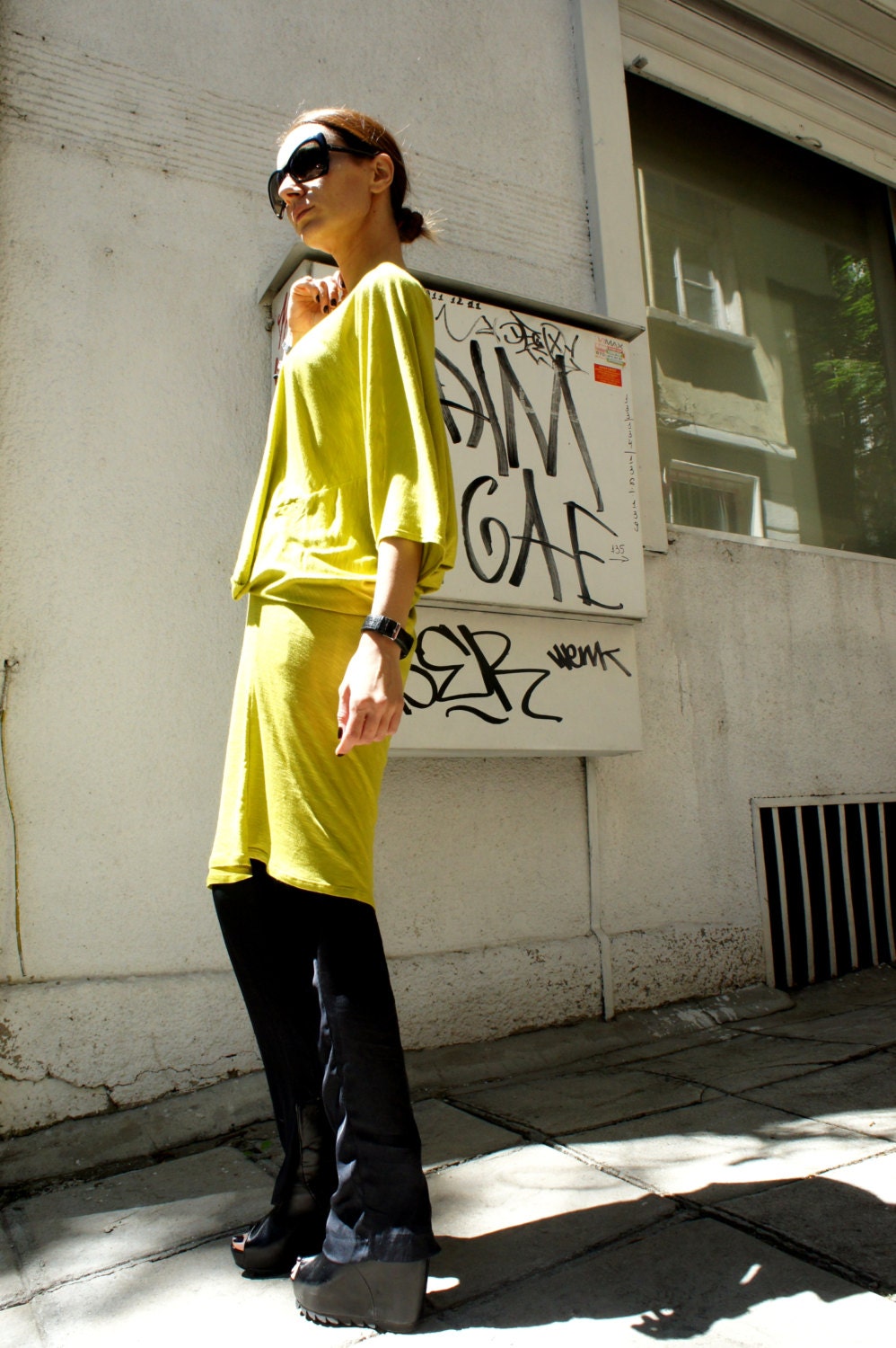 Now DHL Shipping / No Additional Fees/ Musturd Neon Tunic Top / Asymmetrical  Dress/ Drape Dress