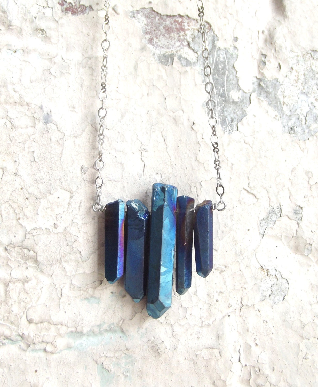 Electric blue titanium quartz raw crystal necklace