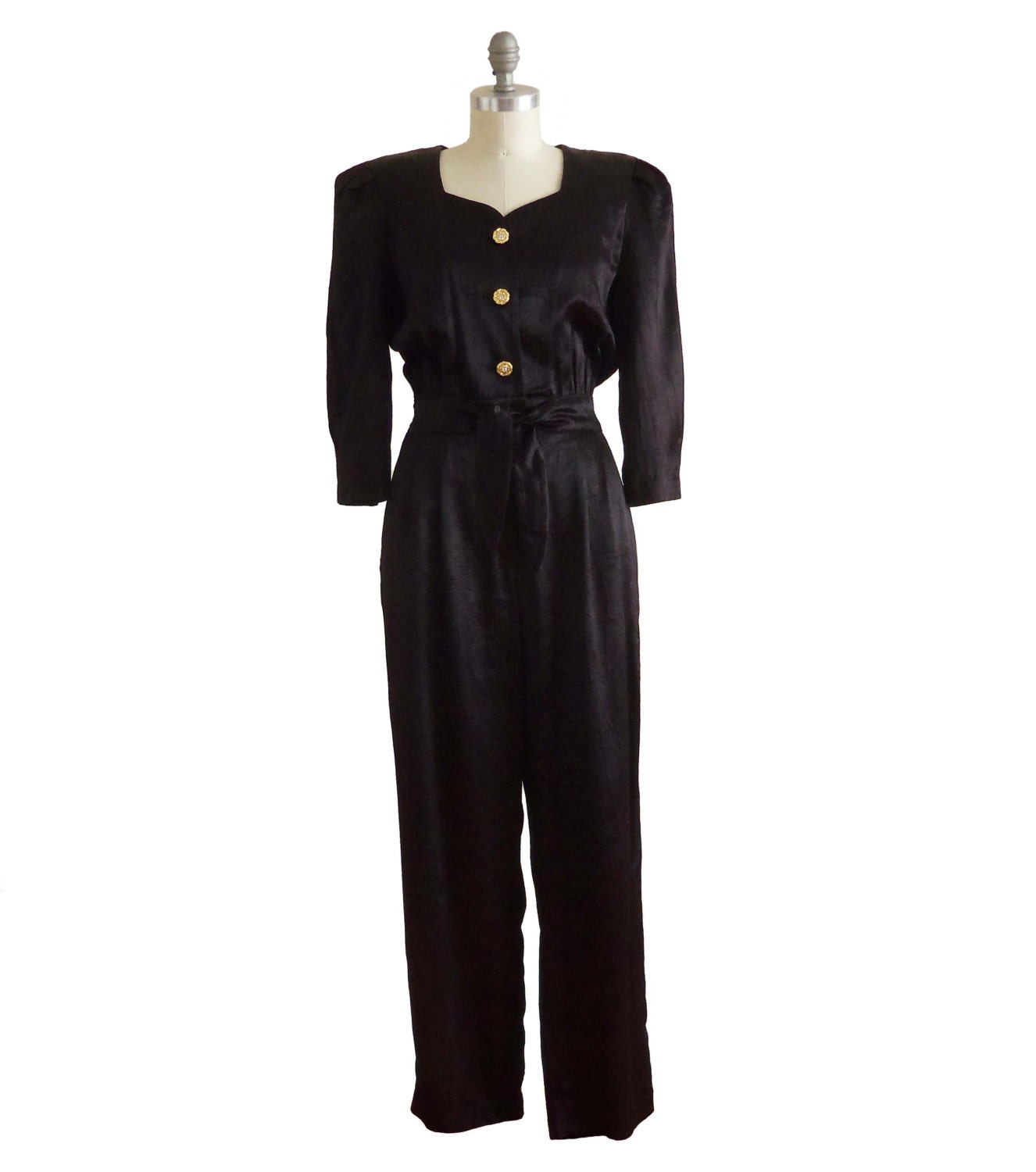Vintage 90's Black Satin Jumpsuit with Gold Rhinestone Buttons