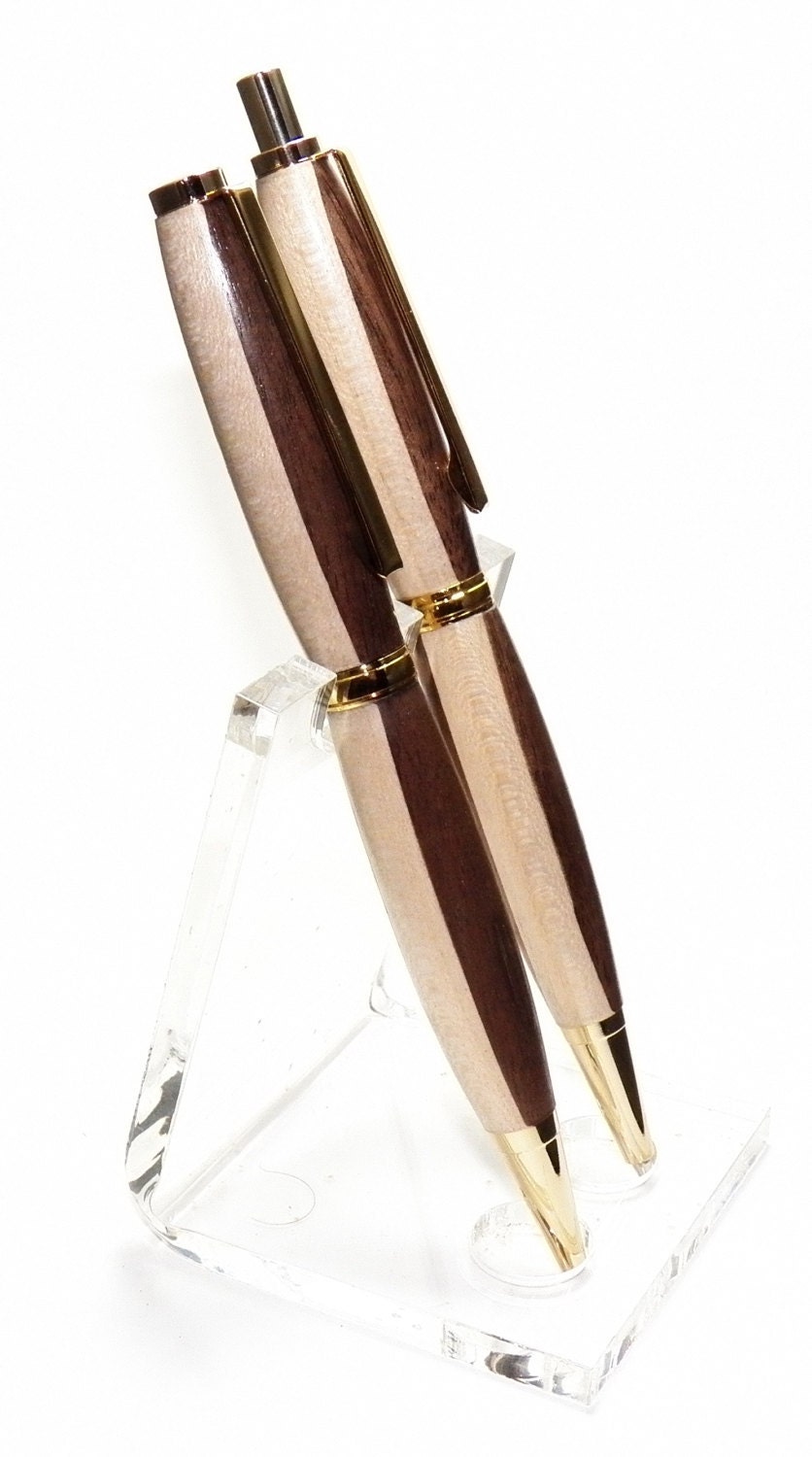 Handmade Black Walnut & Maple Wood Pen and Pencil Set with 24kt Gold Trim