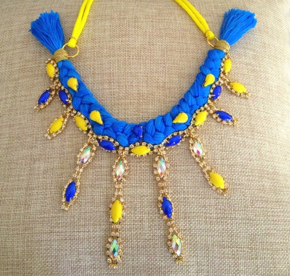 Nadine necklace - made of hand woven elements, adorned with aurora borealis and hand-dyed crystals