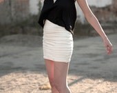 Black crop top - mesh striped ivory geometric triangle insert, customizable hi low hem minimalist street style - small