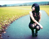 Black Leggings - sheer mesh with lace inserts, soft grunge punk festival party fashion - medium