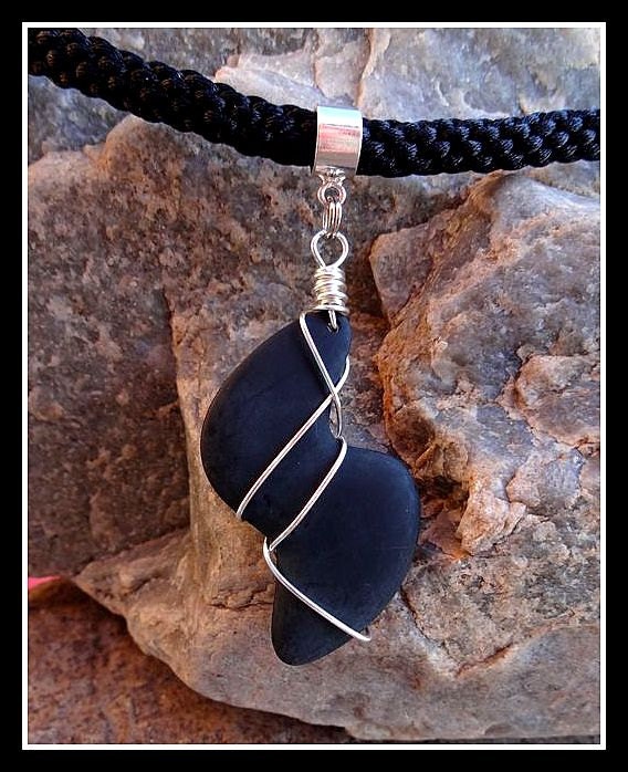 Silver Wire-Wrapped Matte Black S-Shaped Beach Stone Boho Pendant on Black Kumihimo Braided Cord