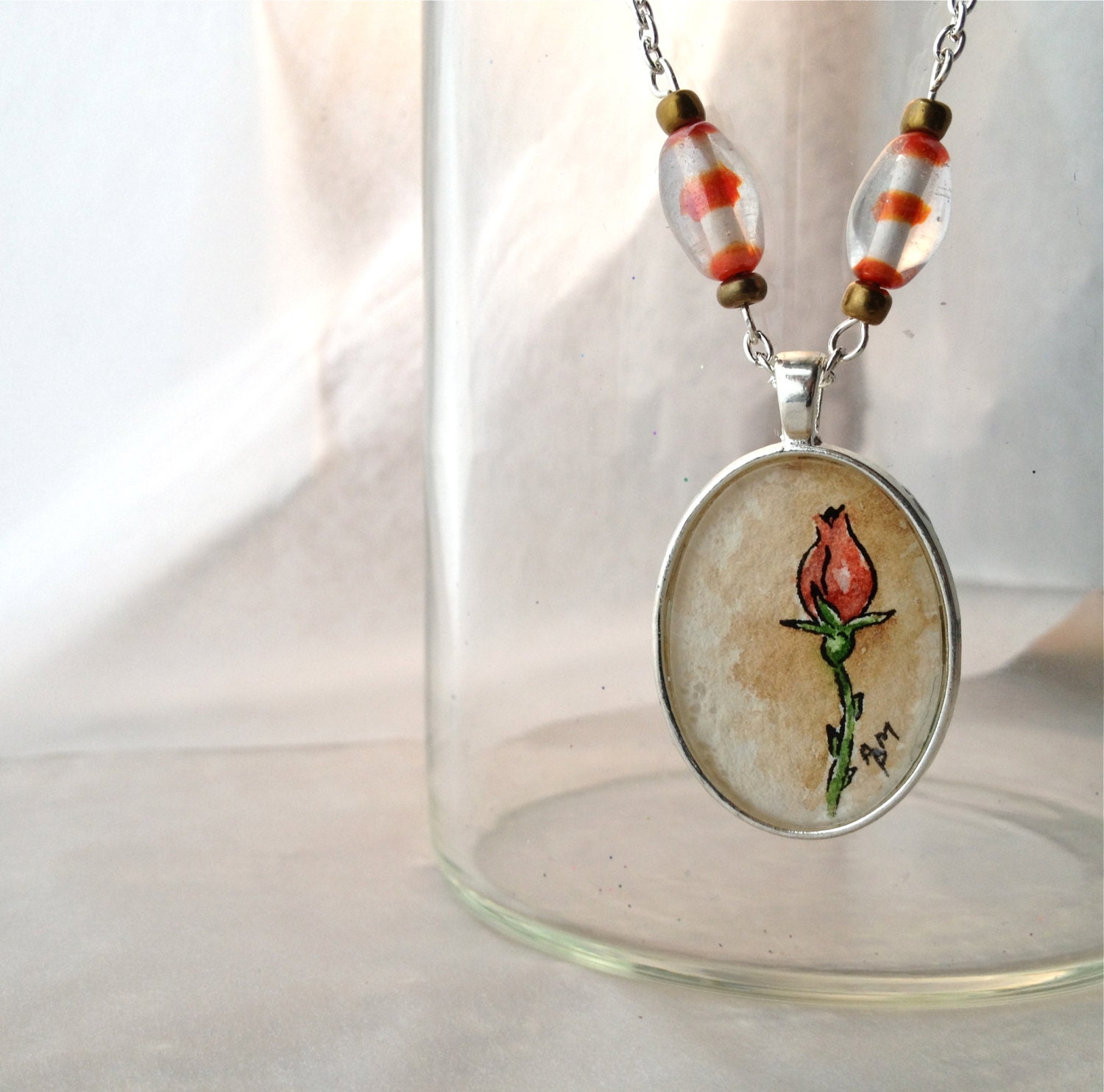 Rose - Wearable Artwork  Necklace - Original Miniature Watercolor Painting - One of a Kind